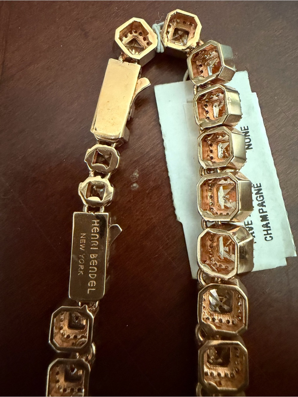New Henri Bendel Stunning Pave Asscher Champagne Necklace 16" w/tags & Pouch - Picture 8 of 13